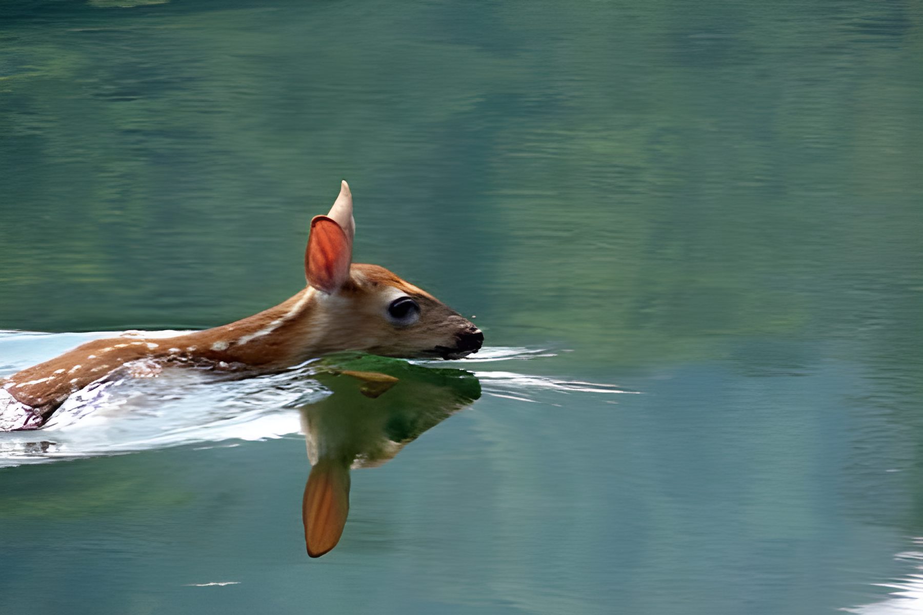 A fawn swimming across the lake