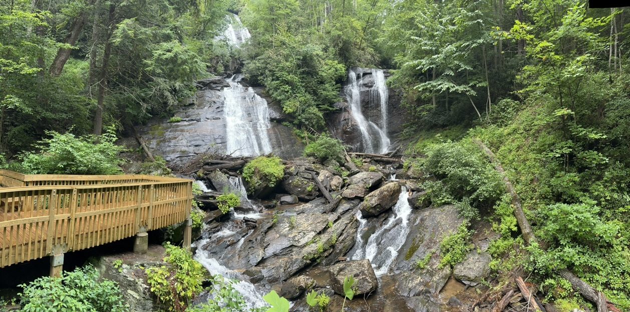 The twin waterfalls of Anna Ruby Falls with the wooden viewing deck